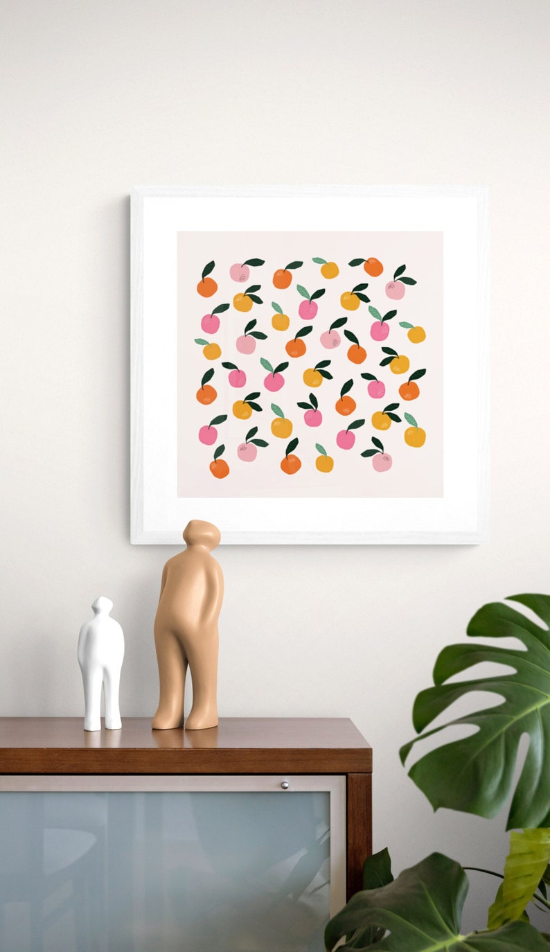 Citrus Print Cute Minimal Fruit Art Print, food art, Oranges, Apple, Cute food art, pastel art, Food wall art, kitchen art. image 1