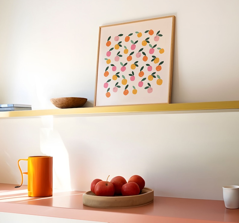 Citrus Print Cute Minimal Fruit Art Print, food art, Oranges, Apple, Cute food art, pastel art, Food wall art, kitchen art. image 2