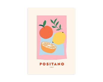 Impression d'art Positano Italie : fruit abstrait, décoration de voyage minimaliste