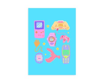 90s Playtime - Nostalgia Art Print, Retro Toys and Gadgets