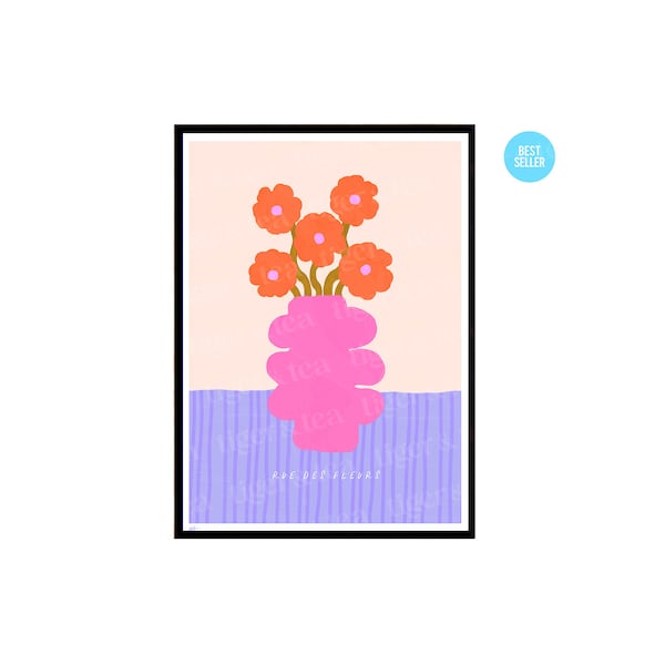 Flower Street Print - Cream | Flower art print, floral illustration, flower vase print, French art, pink flower print, flower print.