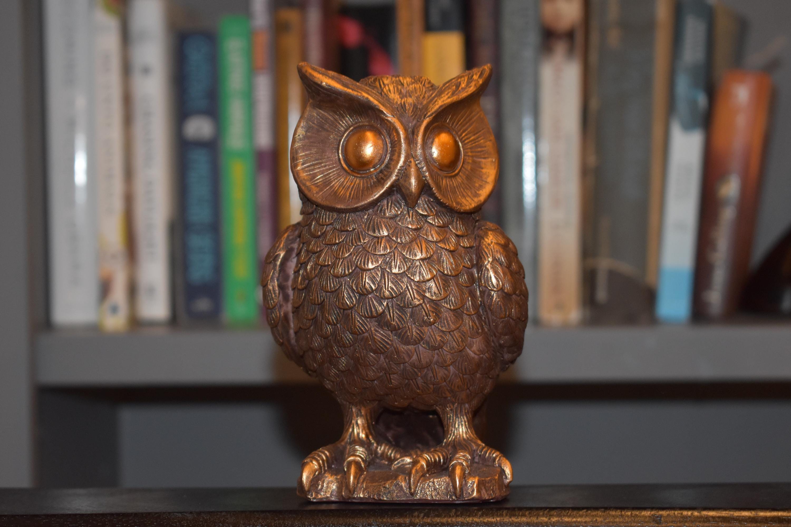 Bronze Owl Statue – Graduation & Teacher Gift, Wisdom Bird Desk Decor, Resin Owl Figurine,