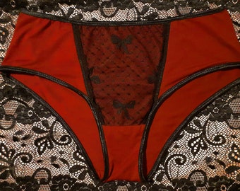 Dessous Damen Unterwäsche Slip Panty Rot mit Schwarzer Spitze