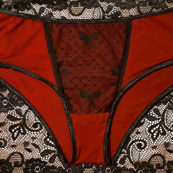 Dessous Damen Unterwäsche Slip Panty Rot mit Schwarzer Spitze