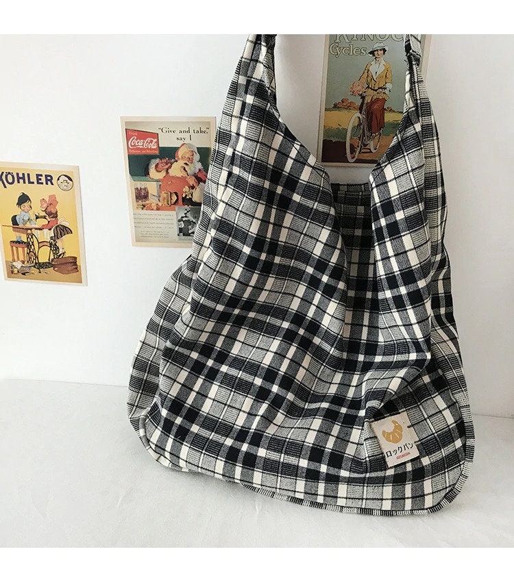 Black Plaid Eco Bag Women's Tote Bag Canvas Cute Tote - Etsy