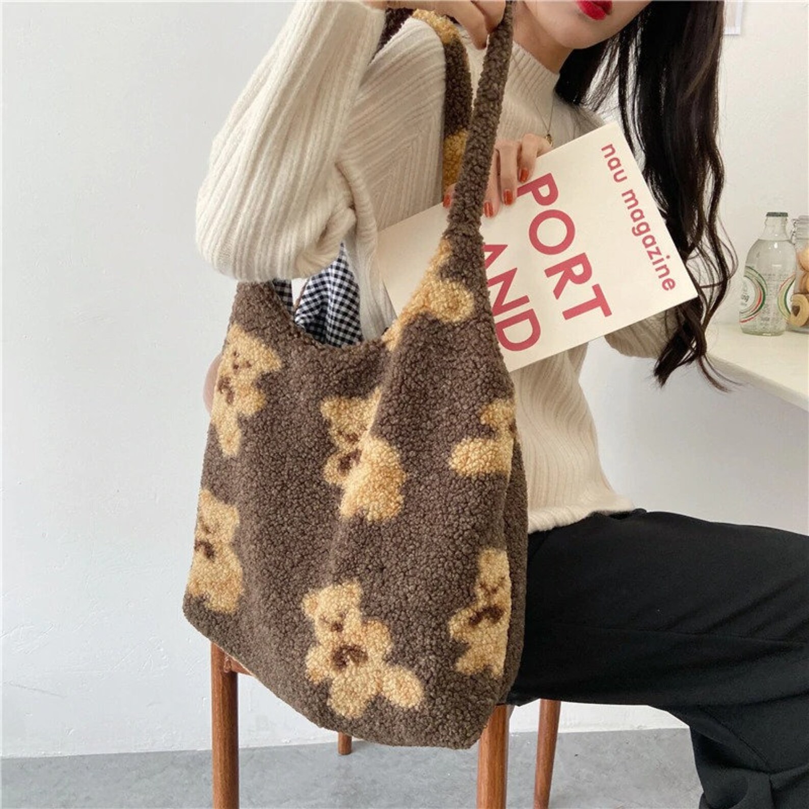 Women's Tote Bag Cute Tote Bag Fluffy Fleece Canvas Tote Etsy