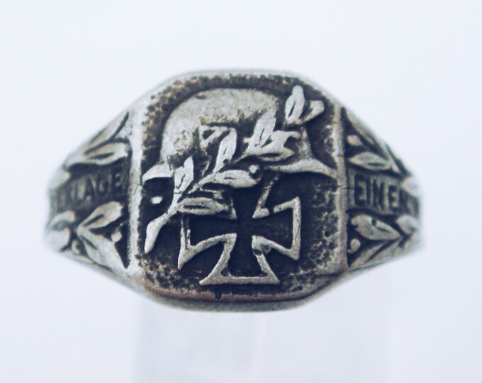 World War 1 German Iron Cross, Helmet, and Olive Branch Ring, Size 11