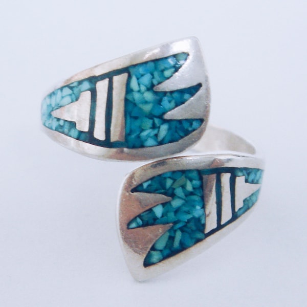 Vintage Native American Navajo .925 Sterling Silver Turquoise Inlay Bear Claw ByPass Ring, Size 10 (adj.)