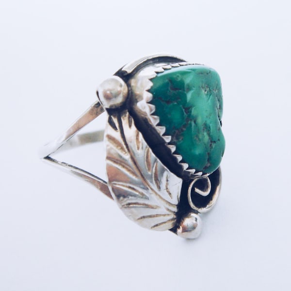 Phillip J. Morse Jr., Chippewa, Solid .925 Sterling Silver & Nevada Green Turquoise Ring, Vintage, Artisan-Signed, Size 6-1/2, SHIPS FREE