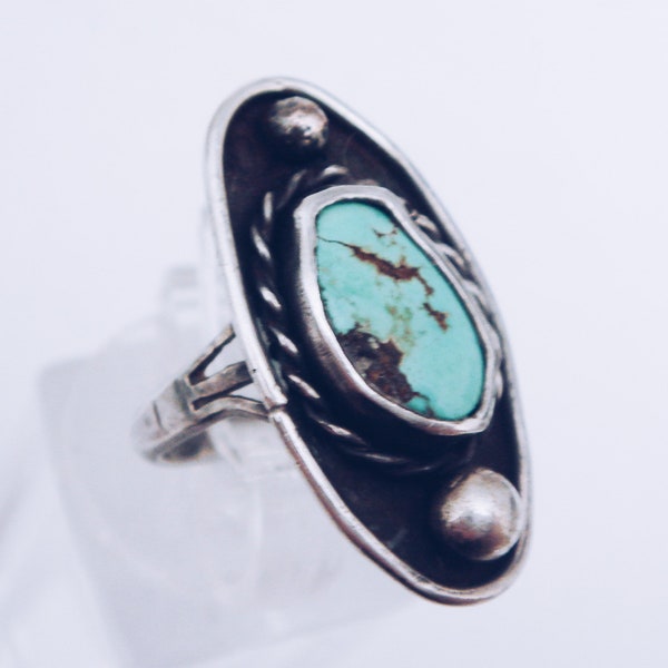 Handcrafted Fred Harvey Era Navajo .925 Sterling Silver Turquoise Ring, Native American, Vintage, Size 4