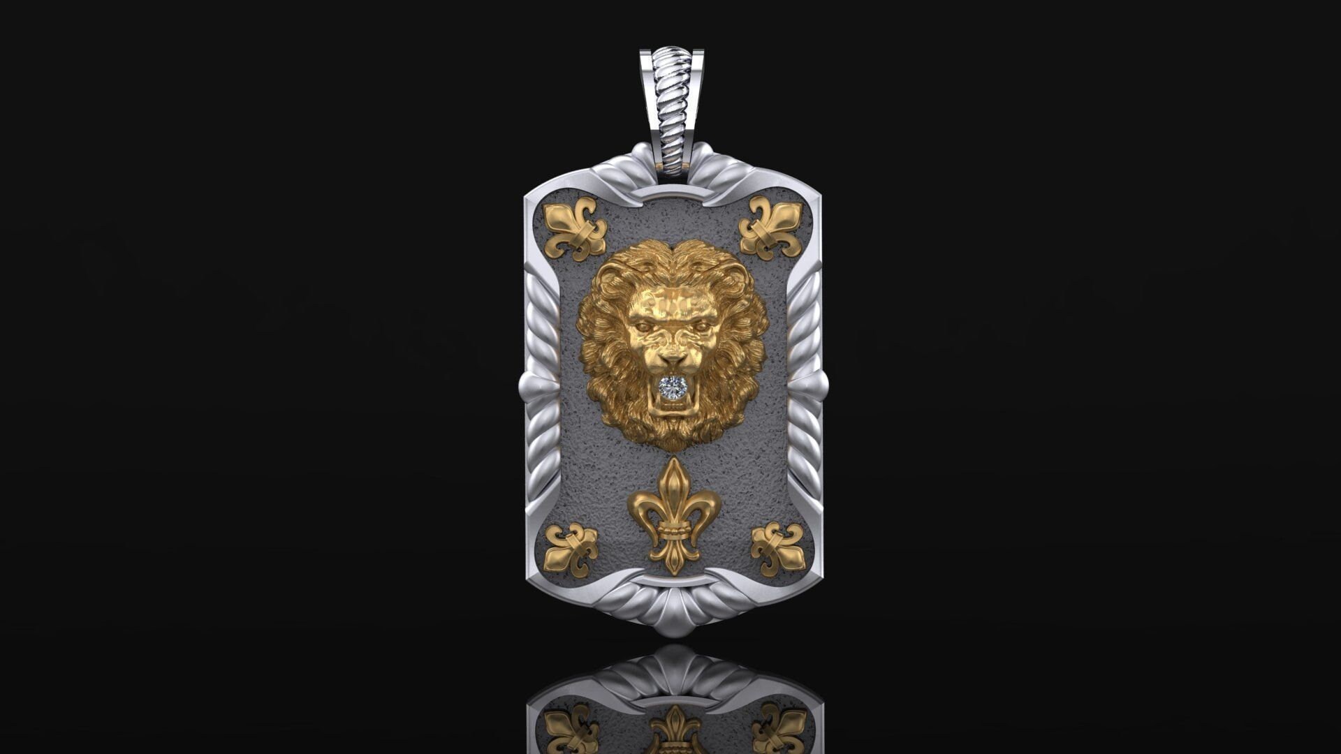 Lion Mens Necklace Lion Gold Medallion Personalized Lion Etsy