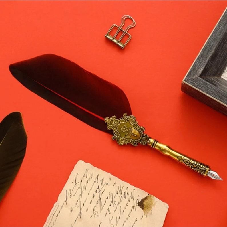 Red Feather Calligraphy Pen Set English Quill Fountain Pen Etsy
