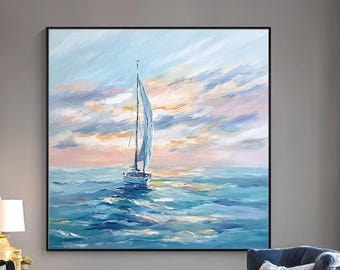 Colorful Sailboat Painting, Abstract Seascape Wall Art on Canvas, Framed Coastal Boat Art for Beach House Decor