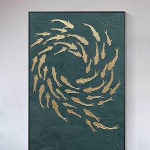 Gold Fish Painting Green Textured Art Original Painting Hunter Green Abstract Art Modern Abstract Art Large Framed Wall Art School of fish