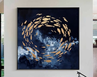 School of fish Navy Blue Ocean Painting Swimming Fish Gold Leaf Framed Wall Art Original Painting Abstract Art Deep Ocean Square Painting