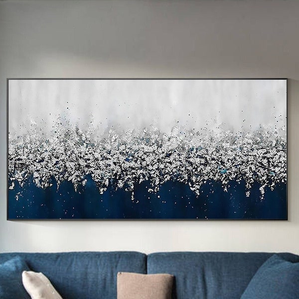 Navy Blue Painting Silver Leaf Painting Dark Blue Abstract Art Shiny Original Painting Textured Wall Art Extra large Living Room Wall Decor