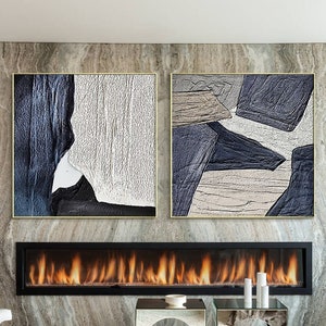 Gray Blue Painting Beige Heavy Textured Art Set of 2 Minimalist Art Steel Blue Abstract Painting Framed Wall Art Large Living Room Decor