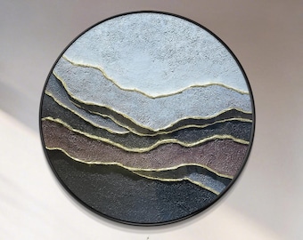 Cuadro abstracto redondo para pared en negro y oro, pintura circular texturizada, lienzo moderno de lujo, obra de arte minimalista de paisaje, decoración de pared grande.