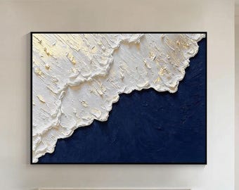 Großes Marineblau Weiß Gold Abstraktes Wandbild, Strukturierte Luxus Leinwand für Modernes Zuhause