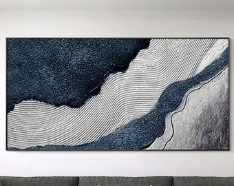 Navy Blue Gray Abstract Ocean River Painting Dark Blue 3D Textured Wall Art Original Painting on Canvas Coastal Framed Large Wall Art Decor