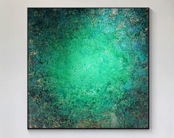 Grön abstrakt målning med guldaccenter, texturerad modern väggkonst, smaragdgalax-canvas, lyxig modern heminredning