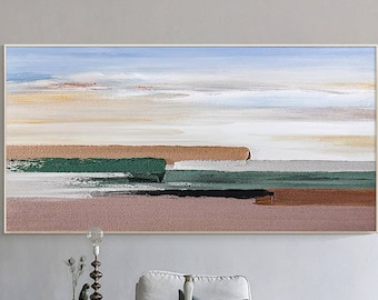 Textured Abstract Landscape Painting, Brown Green Acrylic Wall Art, Large Hand Painted Mountain Sky Canvas for Modern Home Decor