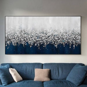 Navy Blue Silver Glitter Painting,Abstract Textured Silver Foil Art,Landscape Painting Horizontal extra large Living Room Bedroom Wall Decor