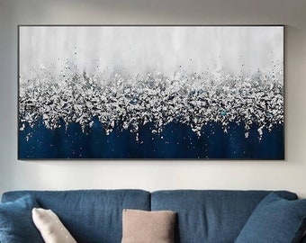 Navy Blue Silver Glitter Painting,Abstract Textured Silver Foil Art,Landscape Painting Horizontal extra large Living Room Bedroom Wall Decor