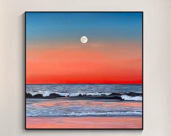 Hand-Painted Night Seascape Canvas, Moon and Waves Wall Art, Black Red Blue Coastal Painting for Home or Bedroom Decor