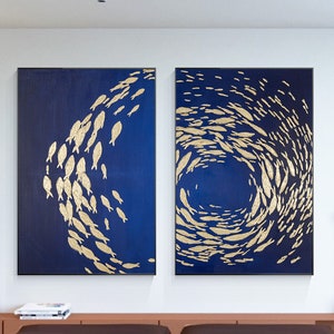 Set of 2 Blue Gold Foil Fish Abstract Painting Original School Fish Dark Blue Painting 2 Pieces Luxury Gold Fish Large Wall Art Decor