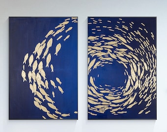 2枚セット ブルー 絵画 金箔 魚アート モダン 抽象 北欧スタイル
