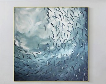 School of Fish Painting Gray Blue Painting Abstract Fish Original Painting Square Fish Texture Wall Art Abstract Large Size Wall Decor