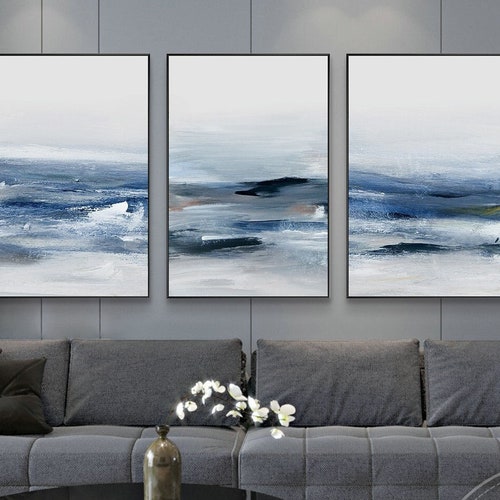 Set of 3 Framed Wall Art Abstract Steel Blue White Seascape - Etsy