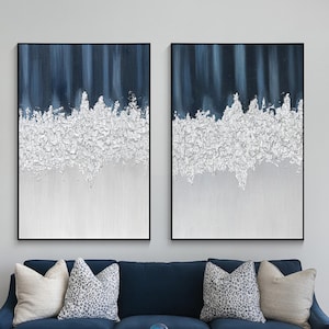 Set of 2 Navy Silver Abstract Wall Art,Modern Luxury Art with Metallic Foil for Living Room,Vertical Large Wall Decor, Dark Blue Wall Art