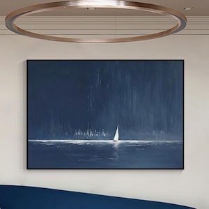 Navy blue sailboat ocean wall art