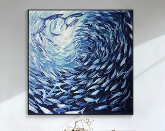 Abstract Fish Painting Blue Swirl Ocean Art, School of Fish Wall Art, Coastal Canvas Decor, Textured Underwater Acrylic Painting