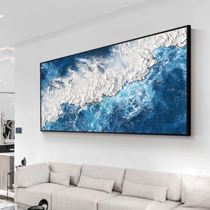 3D Textured Art Blue Ocean Painting Abstract Wall Art White Sea Wave Original Painting On Canvas Horizontal Vertical Blue Coastal Wall Art