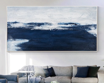 Dark Blue Ocean Seascape Painting, White Textured Abstract Canvas, Framed Hand-Painted Minimalist Wall Art for Living Room Decor