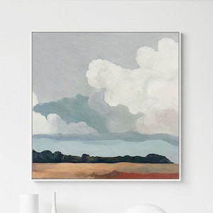 Pintura de cielo, arte abstracto moderno, azul, marrón, gris, montaña, nube, paisaje, pintura acrílica sobre lienzo, arte de pared grande, decoración de pared para sala de estar