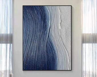 Peinture Abstraite Bleue Océan, Art Mural Vague Texturée, Toile Moderne Bord de Mer Verticale