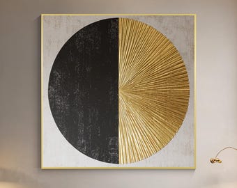 Peinture Abstraite Cercle Noir Or, Art Mural Minimaliste Texturé, Toile Géométrique Moderne, Décoration Luxe Dorée