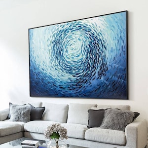 School of Fish Painting Blue Sea Fish Abstract Blue Fish Art Underwater Fish Art Textured Ocean Painting Horizontal Large Coastal Wall Decor