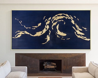 Navy Blue Gold Fish Painting, School of Fish Wall Art, Abstract Framed Canvas Art, Oversized Coastal Decor, Horizontal Ocean Painting