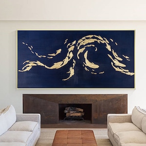 School of Fish Art Navy Blue Gold Fish Original Painting Horizontal Abstract Fish Art Framed Wall Art Oversized Art Living Room Wall Decor
