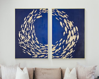 2枚セット ブルー 絵画 金箔 魚アート モダン 抽象 北欧スタイル