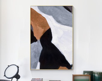 Large Abstract Geometric Painting: Gray Blue Brown Wabi Sabi Canvas Art