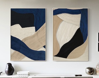 Dark Blue Beige Abstract Plaster Art, Set of 2 Navy Blue Abstract Vertical Painting,3D Textured Organic Shape Art,Minimalist Blue Art Decor
