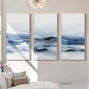 3 Pieces Gray Blue Abstract Ocean Waves Coastal Art Framed Wall Art Seascape Blue Texture Art Original Painting Long Vertical Wall Art