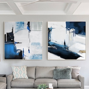 Set of 2 Blue Painting White Abstract Art Dark Blue Textured Art Gold Leaf 2 Pieces Modern Abstract Painting Large Living room Wall Decor