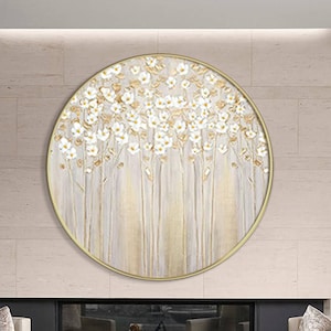 White Flower Round Painting Fancy  Gold Abstract Framed Wall Art Gold Leaf Textured Art Original Oil Painting on Canvas palette knife Art